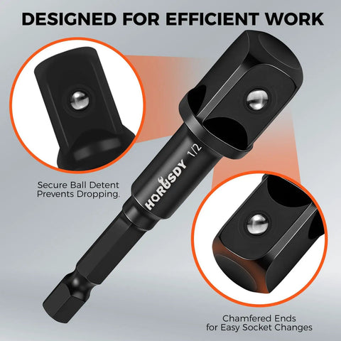 Close-up of a 1/2 inch Seven Piece Clutch Impact Socket Adapter with secure ball detent for power drill use.
