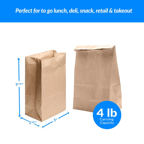 Two brown paper lunch bags with flat bottoms, 4 lb capacity, perfect for to-go lunches, snacks, and crafts.