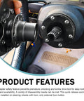 Built Tight Quick Swap Steering Wheel Adapter And Six Hole Hub Boss Kit For Drag Strip Runs and Autocross showing locking mechanism in gloss black aluminum.