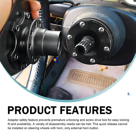 Built Tight Quick Swap Steering Wheel Adapter And Six Hole Hub Boss Kit For Drag Strip Runs and Autocross showing locking mechanism in gloss black aluminum.