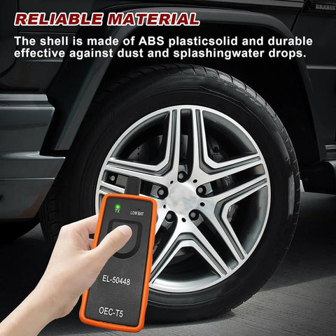 Keep Your Ride Rolling Smooth On Any Street With This Straight Up Bulletproof Tire Pressure Monitor And TPMS Reset Tool For GM Chevy Buick EL50448 Models in hand near a tire.