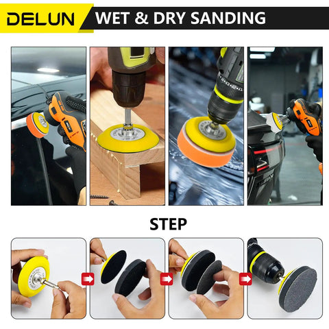 Using Pro Grade 3 Inch Sanding Disc Polishing Kit With 60 To 10000 Grit Headlight Restoration Set on car and wood surfaces.