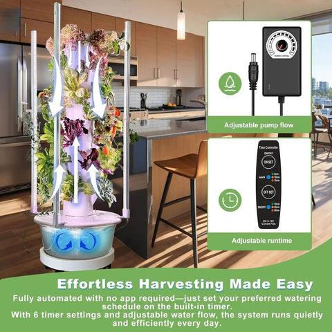 Indoor Hydroponic Growing Kit Tower Garden With Four LED Grow Lights Seven Layer Twenty Eight Pots Planter For Lettuce Herbs Veggies And Fresh Greens At Home, shown in a modern kitchen setting with automated controls displayed.