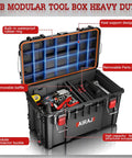 Heavy Duty 3 Tier Rolling Tool Box With Wheels, All Terrain Waterproof Storage System, open view showing compartments and tools
