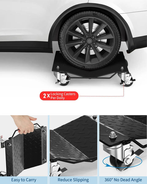Heavy Duty Vehicle Positioning Dolly Set With Anti Slip V Shaped Tire Platform, 3,000 Lb Capacity Per Set Of Four, Rugged Steel Frame For Safe Moving Of Cars, SUVs, Trucks And ATVs, locking casters