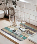 Farmhouse Animal Dish Drying Mat 18x24 Inches with wood grain look on countertop with glassware and spoons