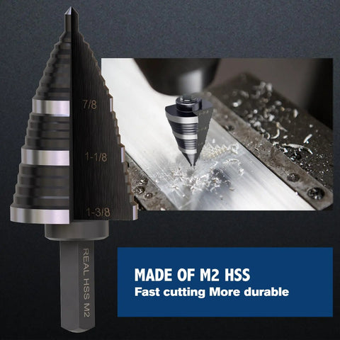 Step Drill Bit Set With Nineteen Sizes From Three Sixteenth Inch To One And Three Eighth Inch Double Fluted Cutting Bits for drilling metal