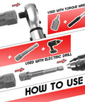 Instructions for using 35 Piece Spiral Screw And Bolt Extractor Set With Left Handed Drill Bits with wrench and electric drill.