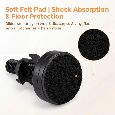 Soft felt pad attached to adjustable furniture foot, providing shock absorption and floor protection, part of 4 Pack Adjustable Furniture Feet Built Tough Solid Steel Table Levelers With Rock Solid Support And Straight Up Simple Setup Includes Protective Felt Pads T Nuts For Zero Wobble Stability.