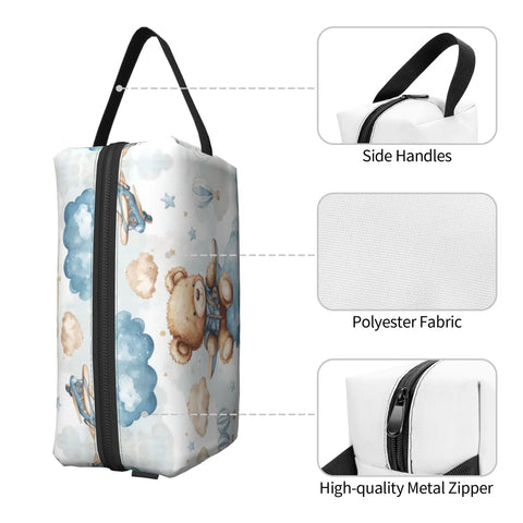 Travel Toiletry Organizer Bag For Women And Men, Waterproof Dopp Kit with bear print, Polyester Fabric, Side Handles, and Metal Zipper.
