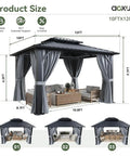 10x12 Outdoor Gazebo With Double Galvanized Steel Roof, Rust Resistant Patio Pavilion, Ventilated Top, Breathable Netting And Privacy Curtains For Backyard Gray Built To Last, front view with curtains and netting
