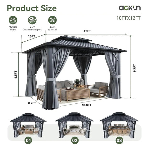 10x12 Outdoor Gazebo With Double Galvanized Steel Roof, Rust Resistant Patio Pavilion, Ventilated Top, Breathable Netting And Privacy Curtains For Backyard Gray Built To Last, front view with curtains and netting