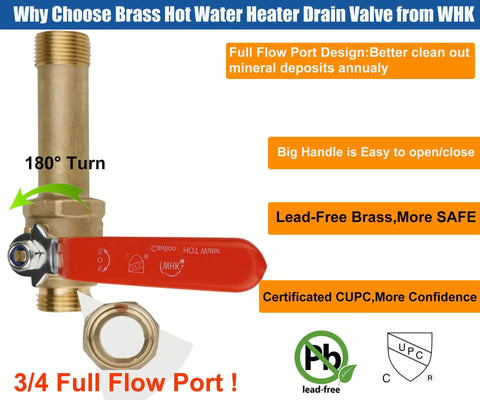 Lead Free Brass Water Heater Drain Valve With Three Quarter Inch MIP To Three Quarter Inch Male GHT Connection Full Port High Flow Up To 250 PSI shown with labeled features
