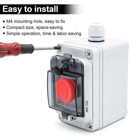Side view of a mounted Emergency Stop Button With Waterproof Clear Cover IP67 Red Mushroom Push Switch Box Momentary Switch For Control Panels