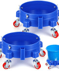 Get This 5 Gallon Bucket Dolly Cart With Swivel Casters For Easy Mobility. Two blue round plastic dollies with red wheels.