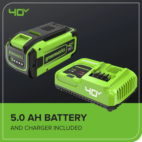 40V Cordless Leaf Blower With Brushless Motor, 730 CFM And 190 MPH, Lightweight Gas Free Workhorse For Fast Backyard Debris Cleanup, Includes 5Ah Battery And 5A Rapid Charger, Quiet At 64dB, showing battery and charger