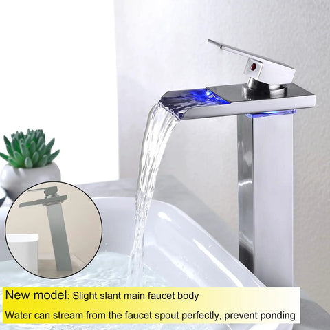Lit LED Waterfall Bathroom Faucet For Vessel Sink, oil-rubbed bronze, water cascading from tall spout, blue LED glow