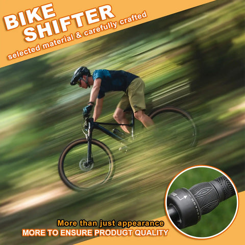 Cyclist with 3x7 Speed Twist Shifter Set With Left And Right Revoshift Grips For Mountain Bikes, non-slip grip detail inset