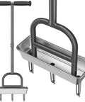 Pre Assembled Manual Lawn Aerator With Three Stainless Steel Core Plugs And Soil Core Storage Tray For No Fuss Aeration Easy To Use No Bend Rust Proof SUS 304 Plugs Keeps Your Lawn Healthier with handle and tray detail.