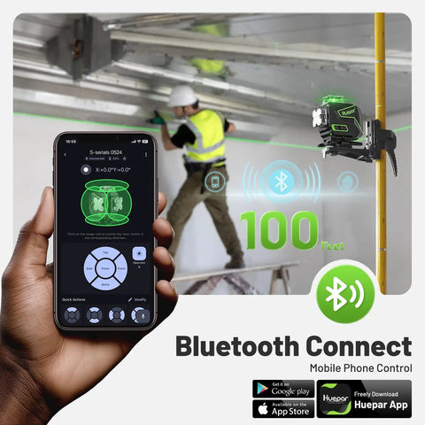 360 Degree Self Leveling Laser Level With 4D Cross Line Laser 4x360 Green Cross Lines LCD Screen Bluetooth Outdoor Pulse Remote Rechargeable Pro Grade 16 Line Layout Tool For Construction Tile Floor Installations used with phone app and wall mount