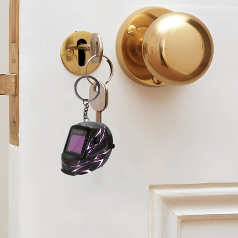 Lightning Pattern Welding Helmet Keychain With Durable Chain And Key Ring For Keys, Bags, And Cars on door knob