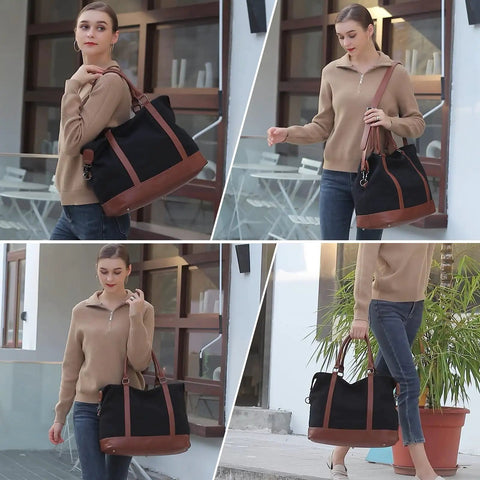 Weekender Travel Bag For Women, Canvas Duffel Tote With Water Resistant Oxford Fabric, shown in use outdoors, multiple angles