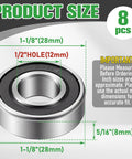 8 Pack Heavy Duty 1/2 Inch Id By 1 1/8 Inch Od Carbon Steel Ball Bearings with size details on a white background.