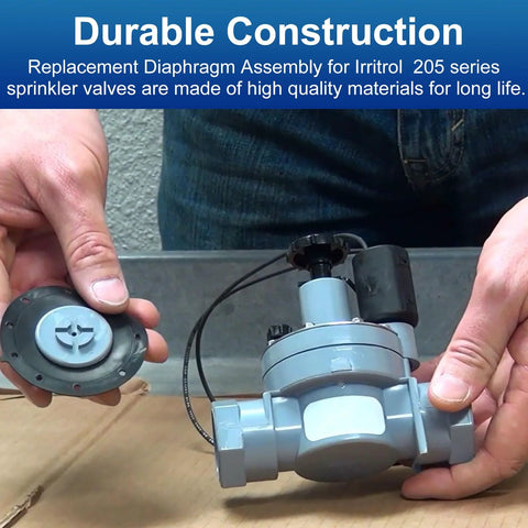 Sprinkler valve diaphragm replacement assembly for Irritrol 205 series; light blue plastic, two parts front view
