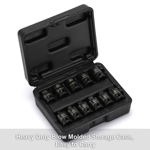 11 Piece Three Eighths Inch Drive Pipe Plug Socket Set SAE CR MO Chrome Moly Black Phosphate Finish in storage case