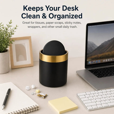 Mini Desktop Trash Can With Swing Lid Sleek Black And Brushed Gold Rim 1.5 Liter Capacity on desk with laptop and stationery