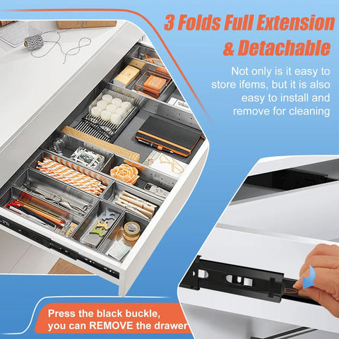 Drawer with 22 Inch Full Extension Drawer Slides 1 Pair 3 Fold Ball Bearing Side Mount Rails, black, in kitchen setup