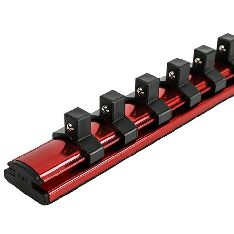 Three Piece Black Magnetic Socket Organizer Set With Aluminum Rails Holds Up To 12 Sockets Per Rail visible with red EVA foam base.