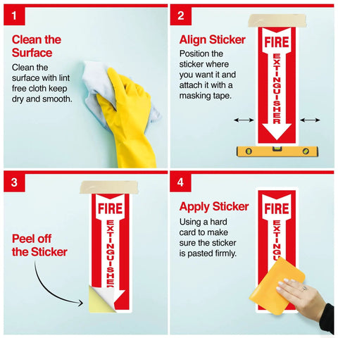 Instructional graphic showing steps to install Pack Of 12 Fire Extinguisher Stickers 4 By 12 Inches, 5 Mil Vinyl, Weatherproof.