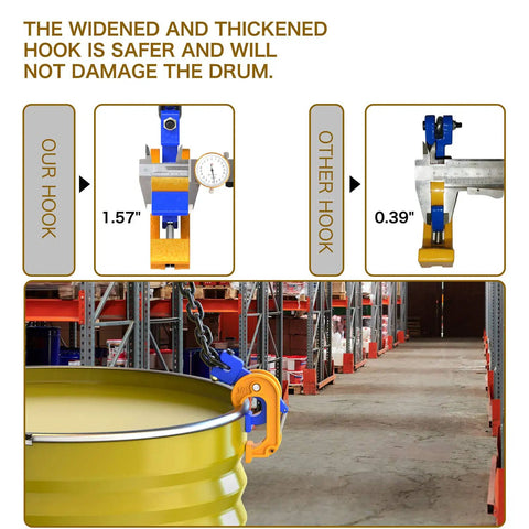 Heavy Duty 2000 Lb Chain Drum Lifter For 55 Gallon Steel And Plastic Barrels With Top Lip showing thicker hook design for safer handling.