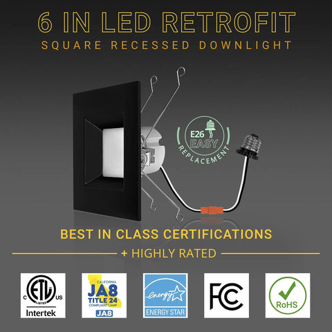 Image showing 4 Pack Black 6 Inch Square LED Can Lights With 5 CCT Selectable 2700K To 5000K, 1100 Lumens, 14W, Dimmable, Retrofit Recessed Lighting, ETL Wet Rated For Bathrooms and certifications.