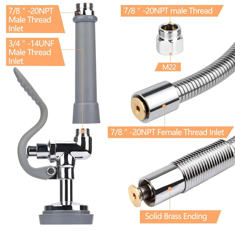 Pre Rinse Sprayer Valve Kit With 44 Inch Stainless Hose Pro Grade Sprayer Nozzle Head components details and thread inlets.