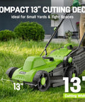 13 Inch Electric Lawn Mower With 1300W Corded Power Lightweight And Compact Gate Friendly For Small To Medium Yards Easy Push No Battery Hassle Just Plug In And Go showcasing a compact 13-inch cutting deck on grass.