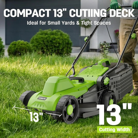 13 Inch Electric Lawn Mower With 1300W Corded Power Lightweight And Compact Gate Friendly For Small To Medium Yards Easy Push No Battery Hassle Just Plug In And Go showcasing a compact 13-inch cutting deck on grass.