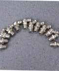 Close-up of steel fittings from Heavy Duty 45 Piece Grease Fitting Assortment Kit With M8x1 Straight 90 Degree And Bend Zerk Fittings