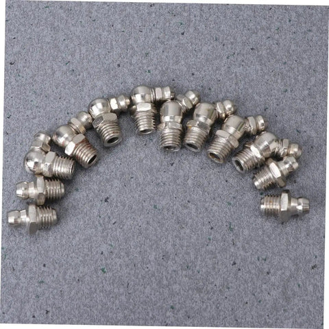 Close-up of steel fittings from Heavy Duty 45 Piece Grease Fitting Assortment Kit With M8x1 Straight 90 Degree And Bend Zerk Fittings