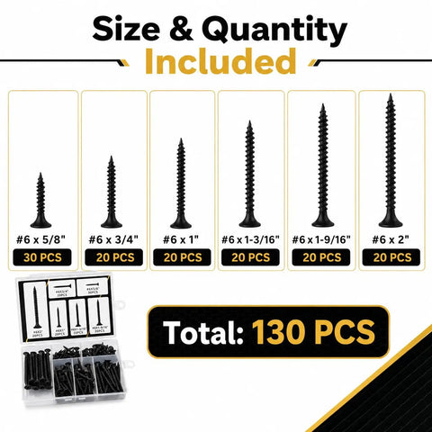Drywall Screw Set 130 Piece Assortment With Six Sizes Including #6 X 5/8 Inch, #6 X 3/4, #6 X 1, #6 X 1-3/16, #6 X 1-9/16, And #6 X 2