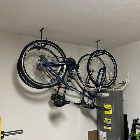 Heavy Duty Ceiling Storage Hooks For Garage Set Must Have, Overhead Rack To Hang Lumber, Ladders, Pipes, Fishing Rods, Bikes And Gear, Space Saving J Hooks, 2 Pack, Sturdy Ceiling Mounted Organizer holding bicycles