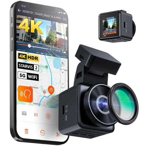 4K Mini Dash Cam With 158 Degree Wide Lens, Starvis HDR Night Vision, Built In 5G WiFi GPS, compact design with smartphone display