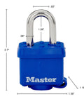 Weatherproof Padlock With Laminated Steel Body And Hardened Shackle One And Nine Sixteenths Inch Wide Blue Thermoplastic Shell Dual Ball Bearing Locking Four Pin Cylinder Built To Last For Outdoor Security On Gates Sheds And Gear.