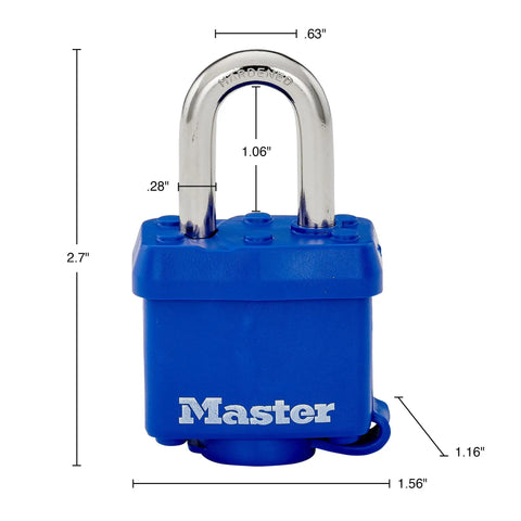 Weatherproof Padlock With Laminated Steel Body And Hardened Shackle One And Nine Sixteenths Inch Wide Blue Thermoplastic Shell Dual Ball Bearing Locking Four Pin Cylinder Built To Last For Outdoor Security On Gates Sheds And Gear.