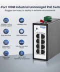 Eight Port Mini PoE Plus Industrial Switch Unmanaged 10/100 Mbps Ethernet with DIN rail and wall mount