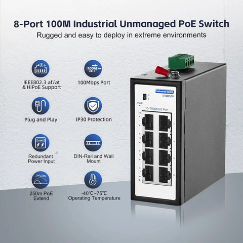 Eight Port Mini PoE Plus Industrial Switch Unmanaged 10/100 Mbps Ethernet with DIN rail and wall mount