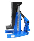 Heavy Duty Hydraulic Toe Jack Lift With Quick Pump Action Slides Under Low Clearance Rides Built From Heat Treated Steel For Twenty Ton Lifts Or Ten Ton Toe Raises close-up of blue and black hydraulic jack.