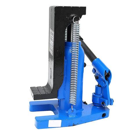Heavy Duty Hydraulic Toe Jack Lift With Quick Pump Action Slides Under Low Clearance Rides Built From Heat Treated Steel For Twenty Ton Lifts Or Ten Ton Toe Raises close-up of blue and black hydraulic jack.