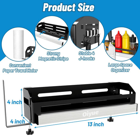 Dimensions of Griddle Caddy Organizer For 28 Inch And 36 Inch Griddles Prep Cart with magnetic stripe, paper towel holder, and J-hooks.